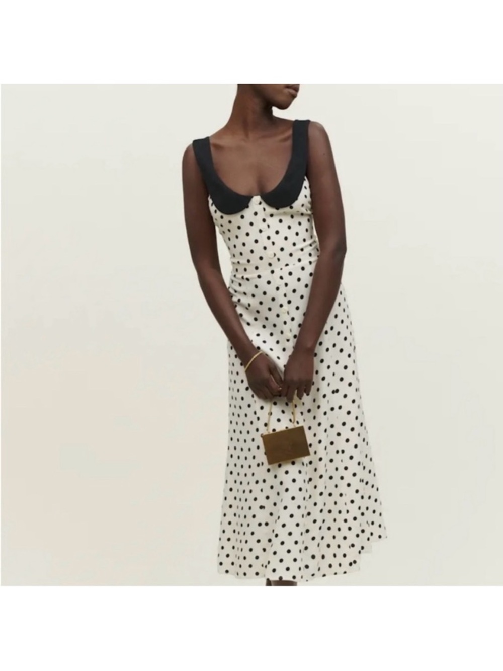 Reformation Cream Polka Dot Midi Dress with Black Collar